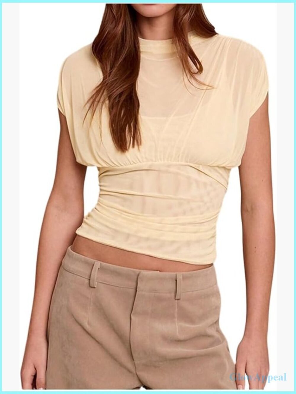 Ruched Sheer Mesh Crop Top See Through Cap Sleeve Blouse Fitted Top